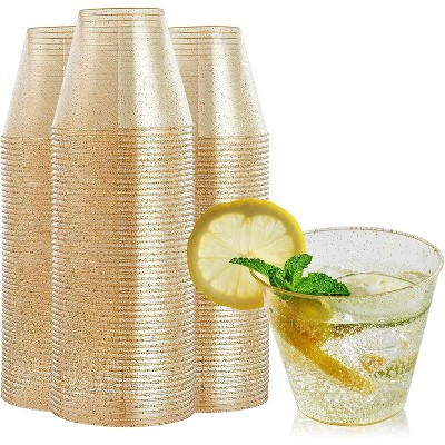 Attop 9 oz Gold Plastic Cups, Disposable Clear Fancy Hard Plastic Cups, Gold Glitter, Heavy Duty, Reusable,100 Count