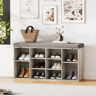 Shoe Storage Bench, 5 Cubbies Storage Rack Bench with Cushion, Entryway Bench