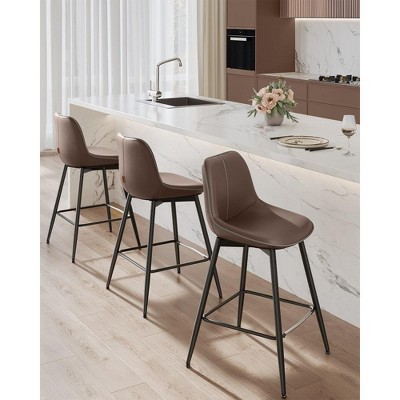 Set of 2 Brown Faux Leather and Metal Swivel Bar Stools