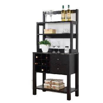 FC Design Two-Toned Baker's Rack Kitchen Utility Storage Cabinet with Wine Rack and Black Faux Marble Top in Red Cocoa Finish