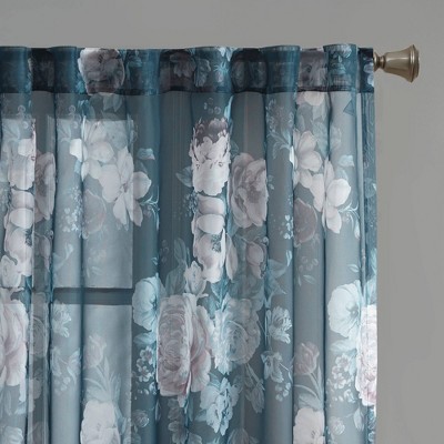 Navy Floral Sheer Rod Pocket Back Tab Curtain Panel