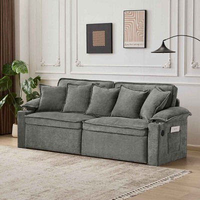 3-in-1 Convertible Sofa Bed with Hidden Storage, Tri-Mode Sofa with USB Charging and Cup Holders, Chenille Sofa with Metal Frame-Coolbibila
