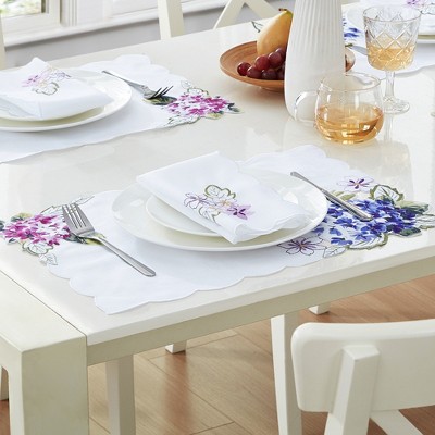 Spring Hydrangea Embroidered White Fabric Placemats Set of 4