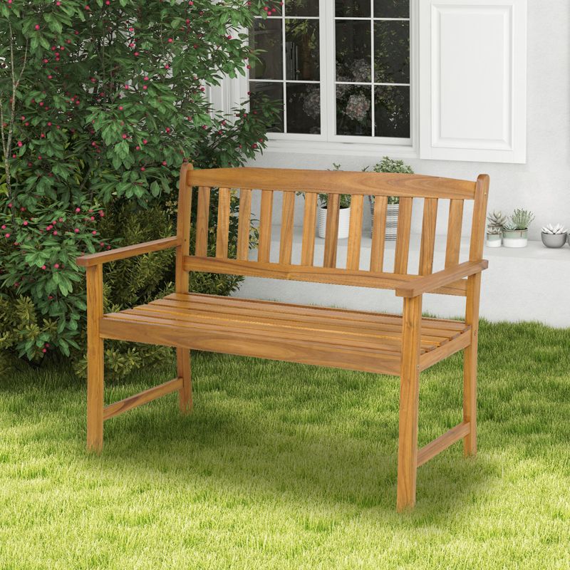 Tangkula 2-Person Outdoor Bench Patio Wooden Bench with Ergonomic Backrest & Armrests All-weather Acacia Wood Frame 43"x 22", 2 of 11