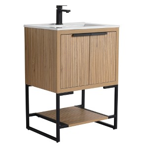Kingsford Grooved-Look Bathroom Vanity in Bright Oak with White Ceramic Sink - 1 of 4