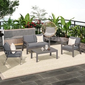 Heynemo 4-Seat Outdoor Patio Aluminum Furniture Sets Sectional Sofa Sets With Cushions, Modern Outside Couch Chairs Sets For Porch & Garden - 1 of 4
