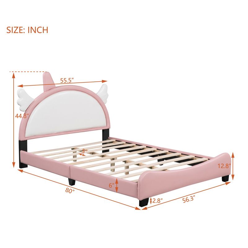 Upholstered Platform Bed With Unicorn Shape Headboard, White+Pink-ModernLuxe, 3 of 9