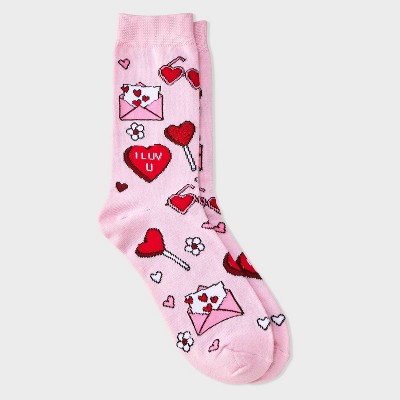 Women's Valentine's Day Icons Crew Socks - Light Pink/Red 4-10