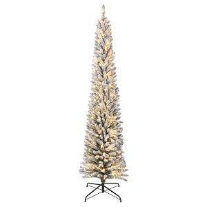 6ft Flocked Pencil Christmas Tree - Slim Pencil Xmas Tree with LED Light,Hinged Branches and Metal Stand, for Home Indoor Outdoor Holiday Decorations - 1 of 4