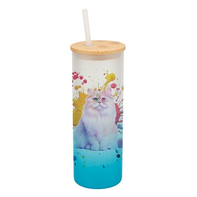 100 North 25 Ounce Frosted Glass Gradient Travel Tumbler With Straw & Wooden Lid, Persian Cat Paint Splatter Sky Blue