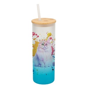 100 North 25 Ounce Frosted Glass Gradient Travel Tumbler With Straw & Wooden Lid, Persian Cat Paint Splatter Sky Blue - 1 of 4