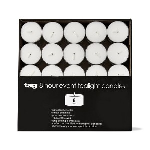 tagltd 8 Hour Event Tealight Candles Set of 50 White Wax Tea Lights for Everyday Use Burn Time 8 Hours 0.88 in H x 1.5 in Dia - 1 of 4