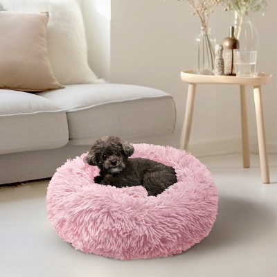 Medium Pink Faux Fur Round Calming Pet Bed