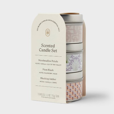 3pk Tin Candle Set - Marshmallow Petals and Plum Blush and Blushing Amber - Threshold™