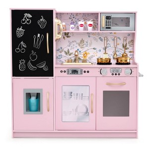 Costway Kid's Pretend Play Kitchen Toddler Kitchen Playset with Blackboard Pink/White/Light Pink/Beige - 1 of 4
