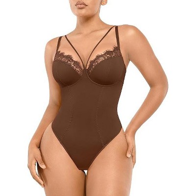 SHAPELLX Women's Shapewear Bodysuit Tummy Control Body Shaper Lace Sculpting Snatched Waist Body Suit V Neck Thong Bodysuit—Brown 38