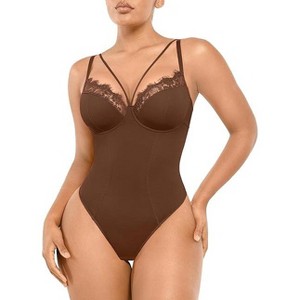 SHAPELLX Women's Shapewear Bodysuit Tummy Control Body Shaper Lace Sculpting Snatched Waist Body Suit V Neck Thong Bodysuit—Brown 38 - 1 of 3