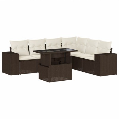 vidaXL 7 Piece Patio Sofa Set with Cushions Brown and Cream Poly Rattan - without storage