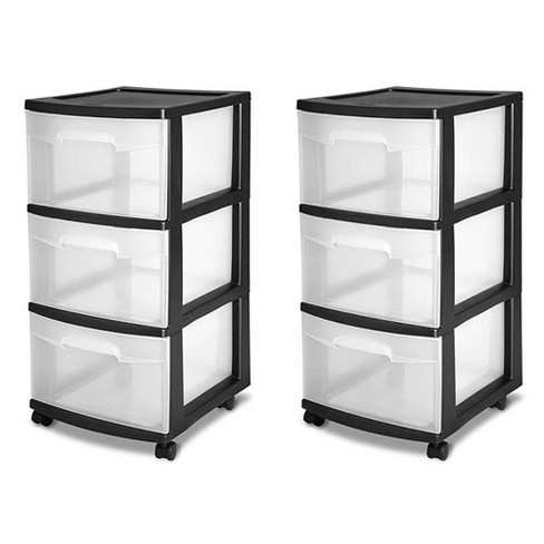 Sterilite 3 Drawer Storage Cart Clear With Black Frame 2 Pack