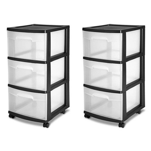 Sterilite Wide 3 Drawer Storage Cart, Plastic Rolling Cart with Wheels to  Organize Clothes in Bedroom, Closet, White with Clear Drawers, 2-Pack