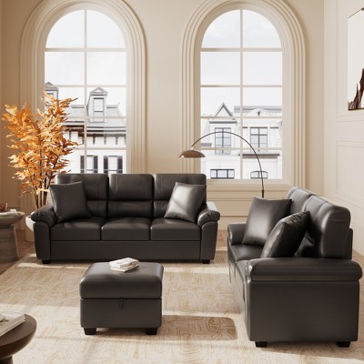 Faux Leather Sofa and Loveseat with Storage Ottoman Bench,Ultimate Comfort Couch for Living Room,Lounge Room-Morden Fort