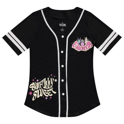 Ladies Disney Villains Baseball Jersey - Ursela, Cruella de Vil, and Maleficent Mesh Button Down Baseball Jersey