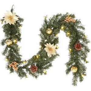 Pre-Lit Christmas Garland with 20 Warm White LEDs, Faux Greenery with Pine Cones & Berries for Mantle, Stairs, Fireplace and Banister - 1 of 4