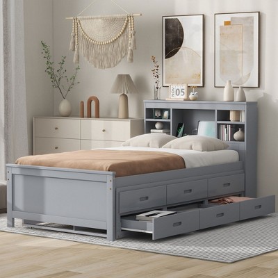 NicBex Twin Size Platform Bed Wooden Bed Frame with Trundle, Storage Headboard, Drawers and Interface for Bedroom, No Box Spring Required, Gray