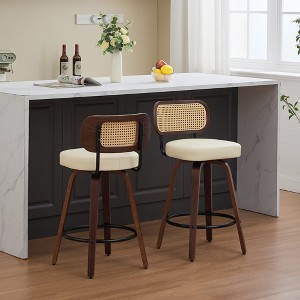 Gulches Set of 2 Walnut Beige Counter Height Bar Stools 26 Inches Swivel Cane Back Upholstered Seat Kitchen Island Bar - 1 of 4