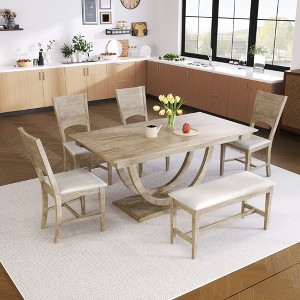 NicBex Dining Table Set for 6 Morden Dining Room Table with Half Round Base, 4 Linen Chairs and 1 Bench for Kitchen - 1 of 4