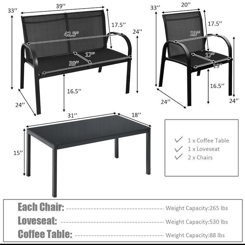 Tangkula 4PCS Furniture Set Chairs and Coffee Table Patio Garden Black, 2 of 10