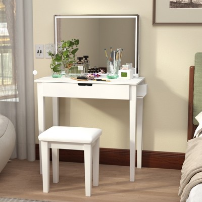 DOMETOUR Vanity Desk With Mirror, Drawer, LED Light, Stool, Makeup Table for Bedroom, White Finish