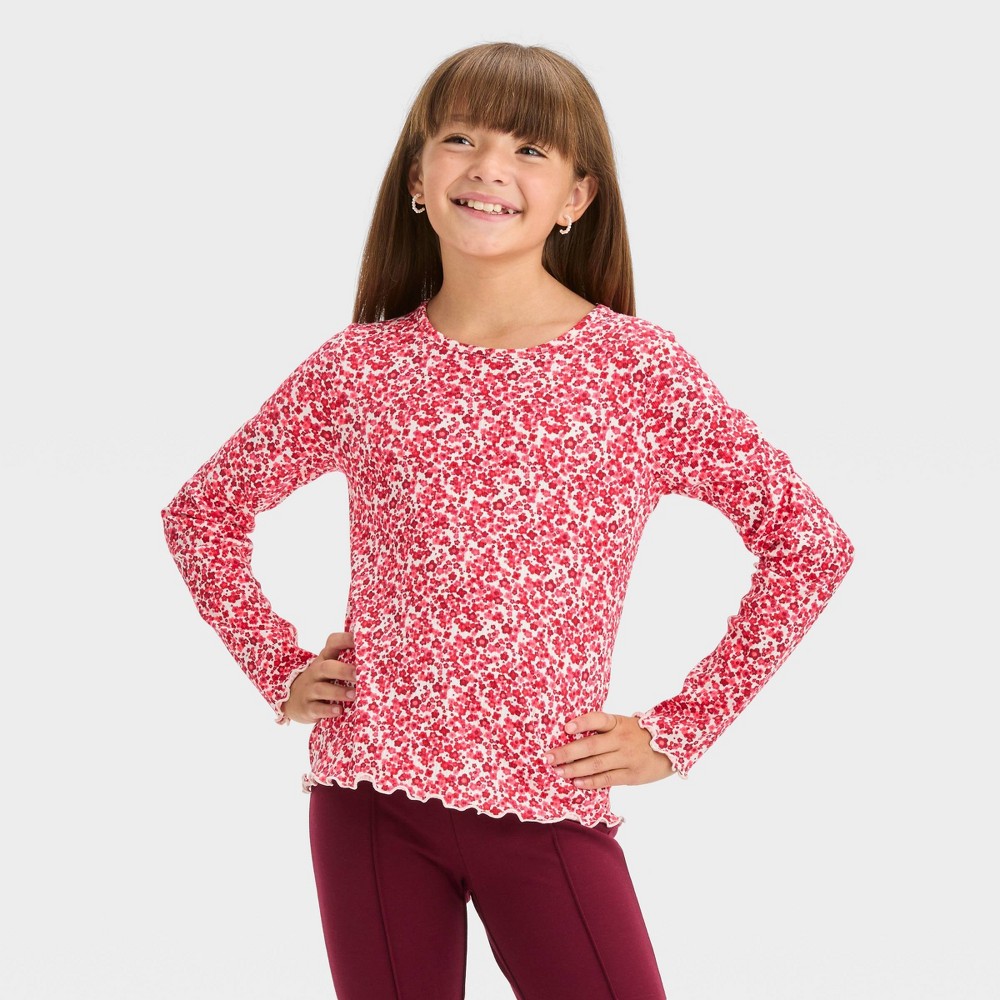 Girls' Long Sleeve Ribbed T-Shirt - Cat & Jack™ Bright Red S 2 pack