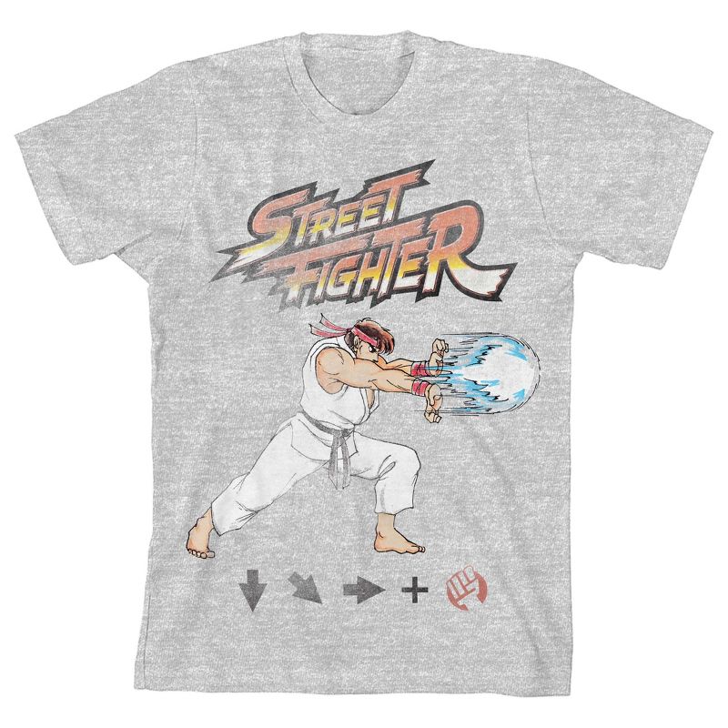 Street Fighter Ryu Hadouken Boy's Heather Grey T-shirt, 1 of 4