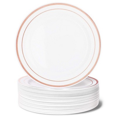 Juvale 50-Pack Elegant Disposable Plastic Dinner Plates 10.25" Party Supplies, White with Rose Gold Rim