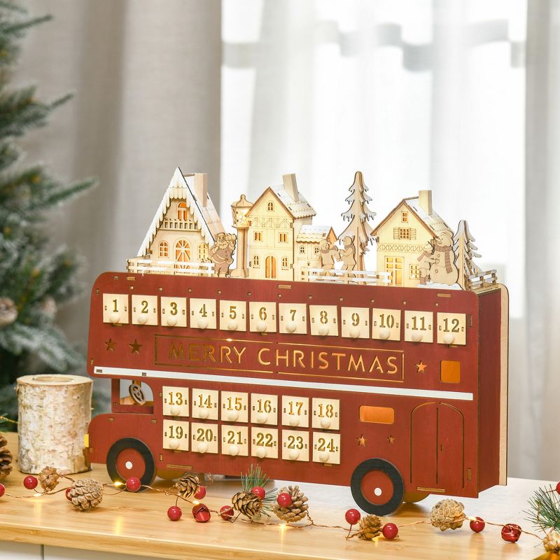 HOMCOM Christmas Advent Calendar Light Up Table Xmas Wooden Bus Holiday Decoration with Countdown Drawer Santa Claus Street House for Kids and Adults, 3 of 7