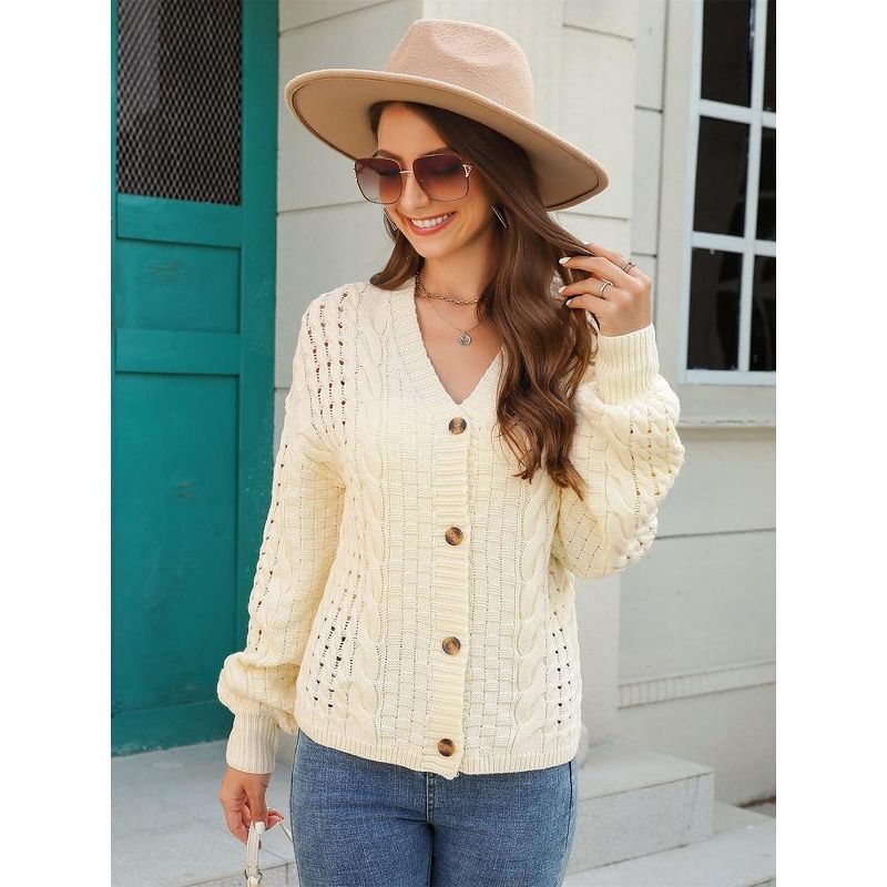 Womens Chunky Knit Cardigan Sweater Open Front Long Sleeve Button Hollow Waffle Knit Sweater Coat Solid Spring/Fall Outfits, 4 of 8