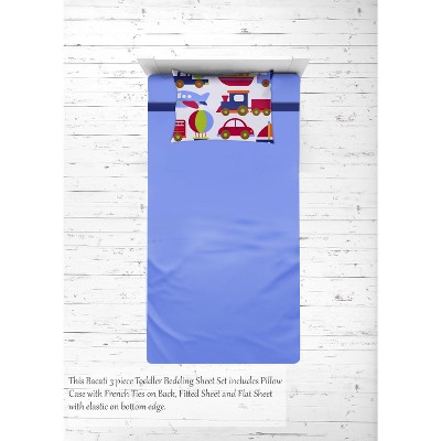 Bacati - Transportation Blue Red Green Navy Orange 3 pc Toddler Sheet Set