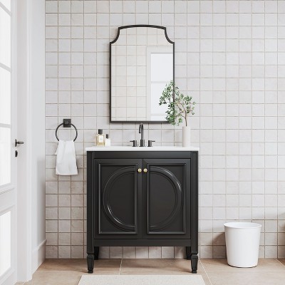 PexFix Black Bathroom Vanity Set with Arched Mirror 30 Inch Single Sink Vanity Cabinet with Soft-Close Doors & Drawers for Bathroom Storage and Décor