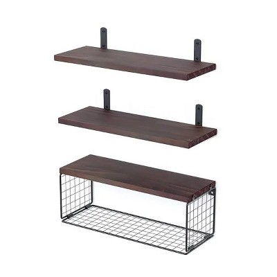 2 In 1 Floating Shelves Wall Mounted w/ Storage Basket Bathroom Shelves Over Toilet Wooden Shelves for Bedroom Living Room Kitchen Office Wall Decor