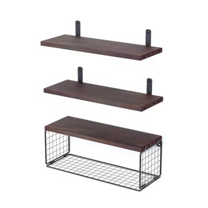 2 In 1 Floating Shelves Wall Mounted w/ Storage Basket Bathroom Shelves Over Toilet Wooden Shelves for Bedroom Living Room Kitchen Office Wall Decor - 1 of 4