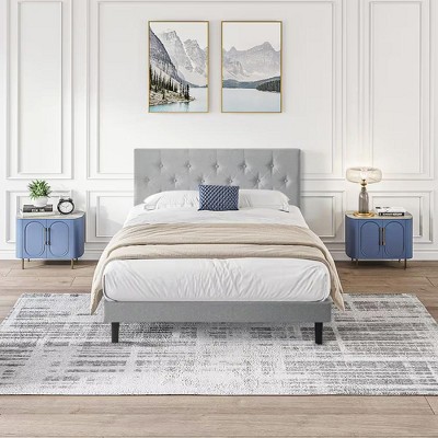 NicBex Queen Size Linen Upholstered Platform Bed Frame with Button Tufted Headboard for Kids Teens Adults,Gray