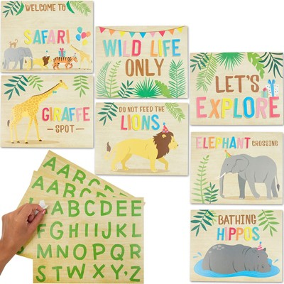 Blue Panda 7-Piece Jungle Safari Animal Party Welcome Signs with 3 Set of Alphabet Stickers for Kids Birthday Decorations, Photo Props, 11" x 8.6"