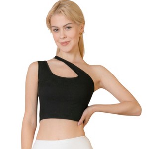 Slickblue Women's Ribbed One Shoulder Crop Top, Cross Strap Detail, Casual Fit, 6 Color Options, Size S-L - 1 of 4