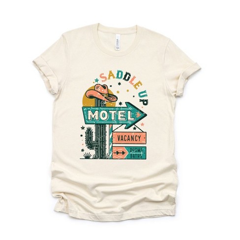 Simply Sage Market Women's Saddle Up Motel Distressed Short Sleeve Graphic Tee - image 1 of 3