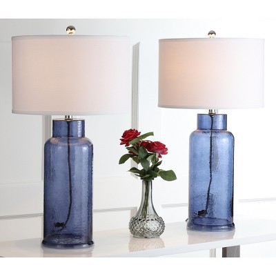 Sapphire Blue Glass Bottle Table Lamp Set with Drum Shades