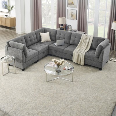 L shape Modular Sectional Sofa�DIY Combination�includes Three Single Chair and Three Corner �Grey Chenille