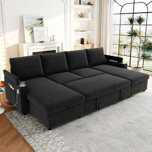 Whisen 109.5" Convertible Sofa Bed, Modern U-Shaped Sofa, Upholstered Couch with Storage Boxes & Pockets, Cup Holders - 1 of 4