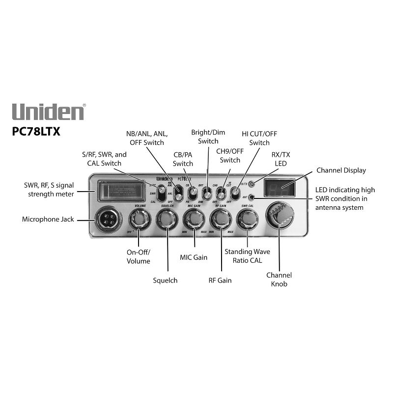 Uniden® Bearcat® 40-Channel CB Radio with SWR Meter, Chrome, PC78LTX, 4 of 8