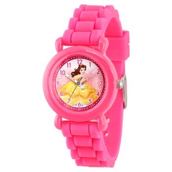 Girls' Disney Princess Belle Pink Plastic Time Teacher Watch, Pink Silicone Strap, WDS000146